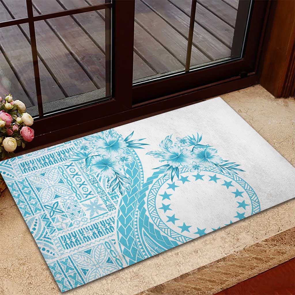 Kia Orana Cook Islands Rubber Doormat Tiare and Stars - Turquoise