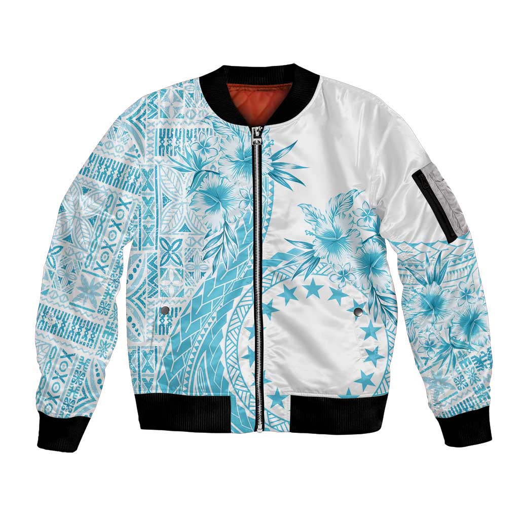 Kia Orana Cook Islands Sleeve Zip Bomber Jacket Tiare and Stars - Turquoise