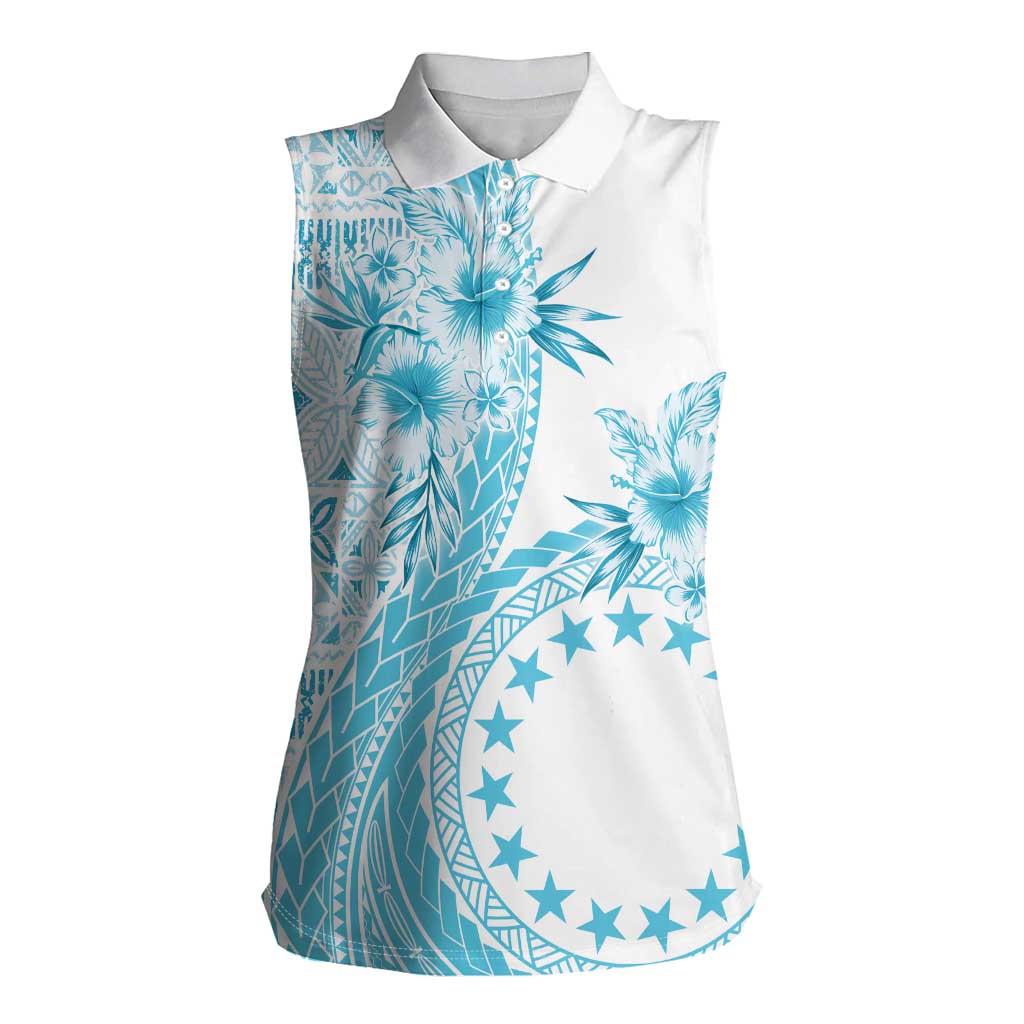 Kia Orana Cook Islands Women Sleeveless Polo Shirt Tiare and Stars - Turquoise