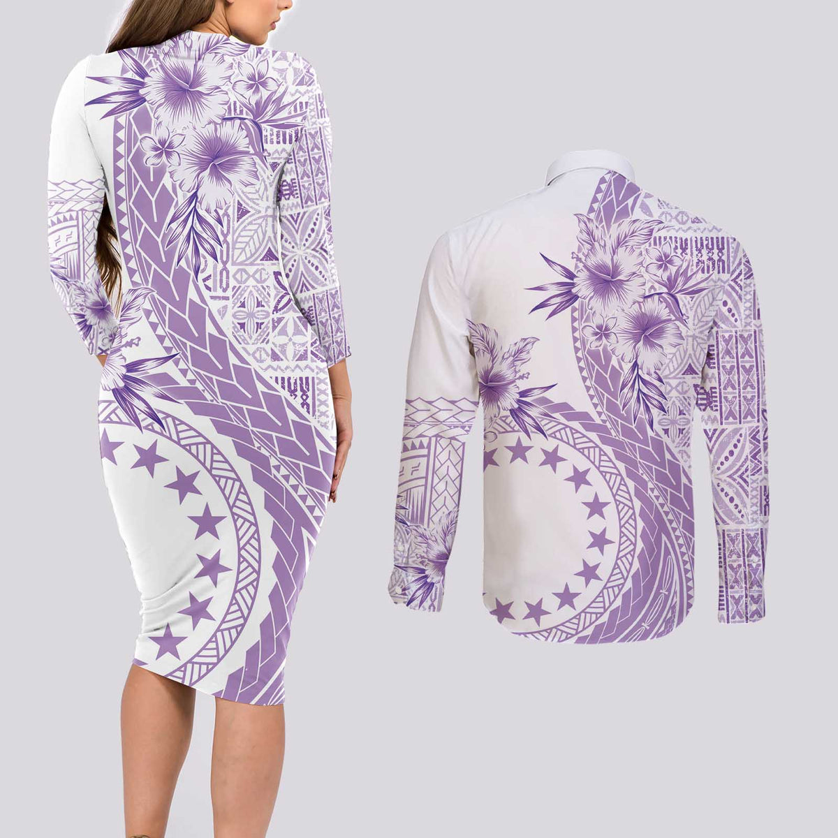 Kia Orana Cook Islands Couples Matching Long Sleeve Bodycon Dress and Long Sleeve Button Shirt Tiare and Stars - Lavender