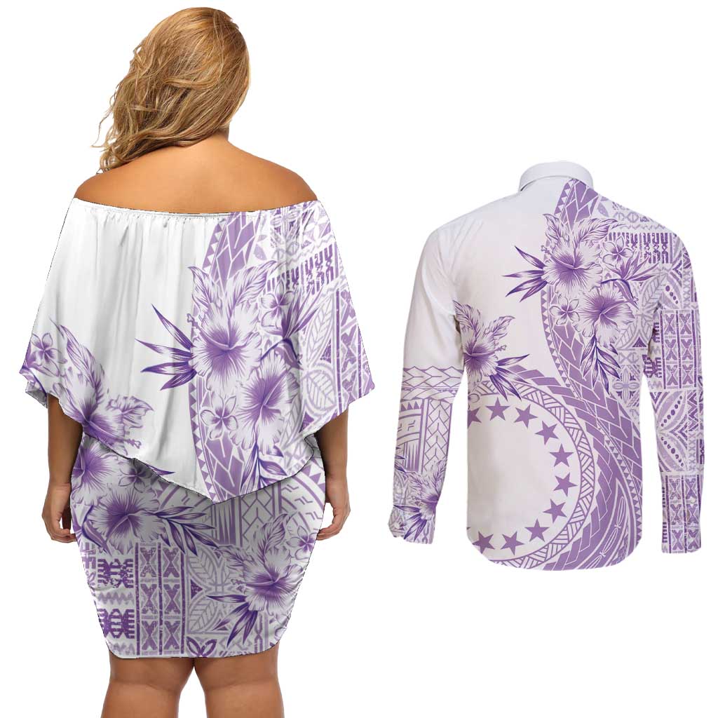 Kia Orana Cook Islands Couples Matching Off Shoulder Short Dress and Long Sleeve Button Shirt Tiare and Stars - Lavender