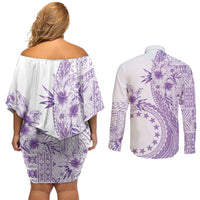 Kia Orana Cook Islands Couples Matching Off Shoulder Short Dress and Long Sleeve Button Shirt Tiare and Stars - Lavender