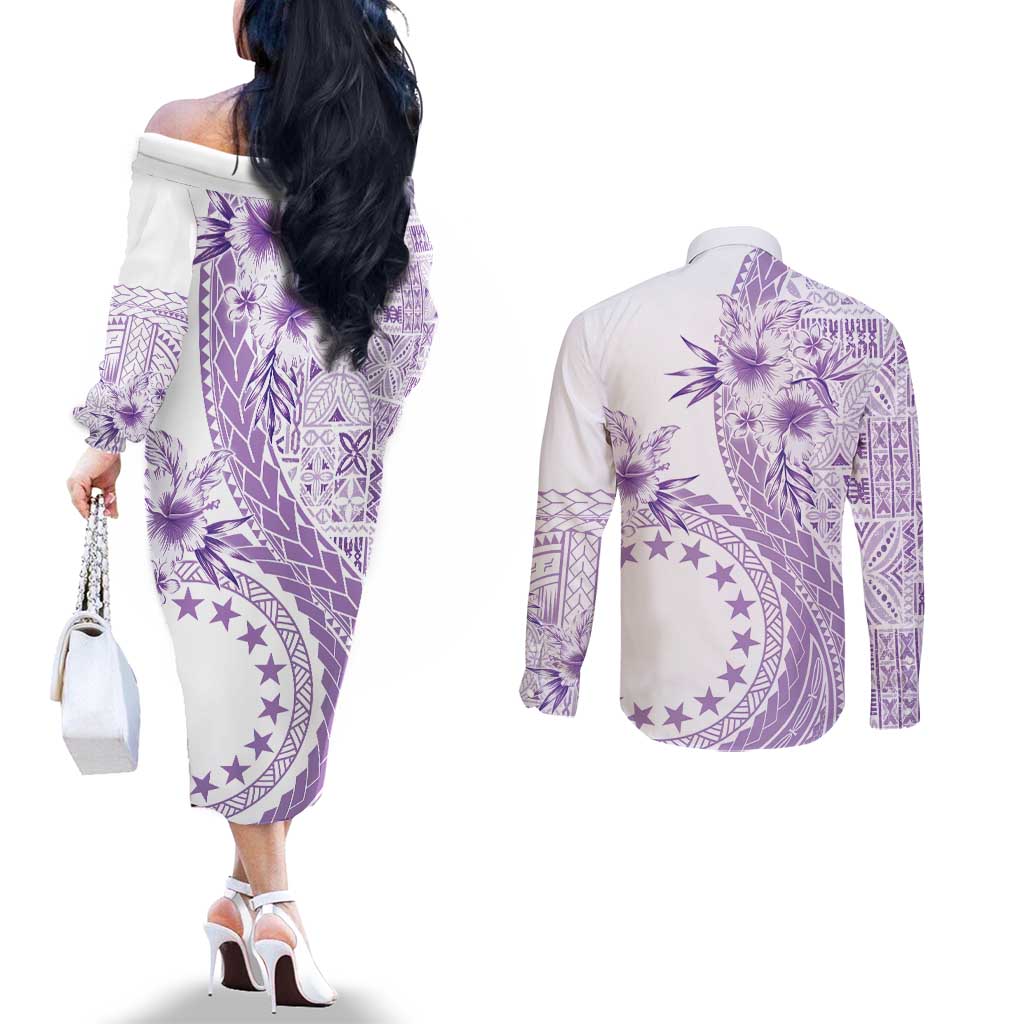 Kia Orana Cook Islands Couples Matching Off The Shoulder Long Sleeve Dress and Long Sleeve Button Shirt Tiare and Stars - Lavender