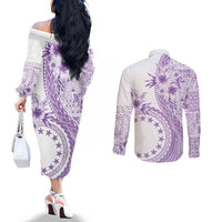 Kia Orana Cook Islands Couples Matching Off The Shoulder Long Sleeve Dress and Long Sleeve Button Shirt Tiare and Stars - Lavender
