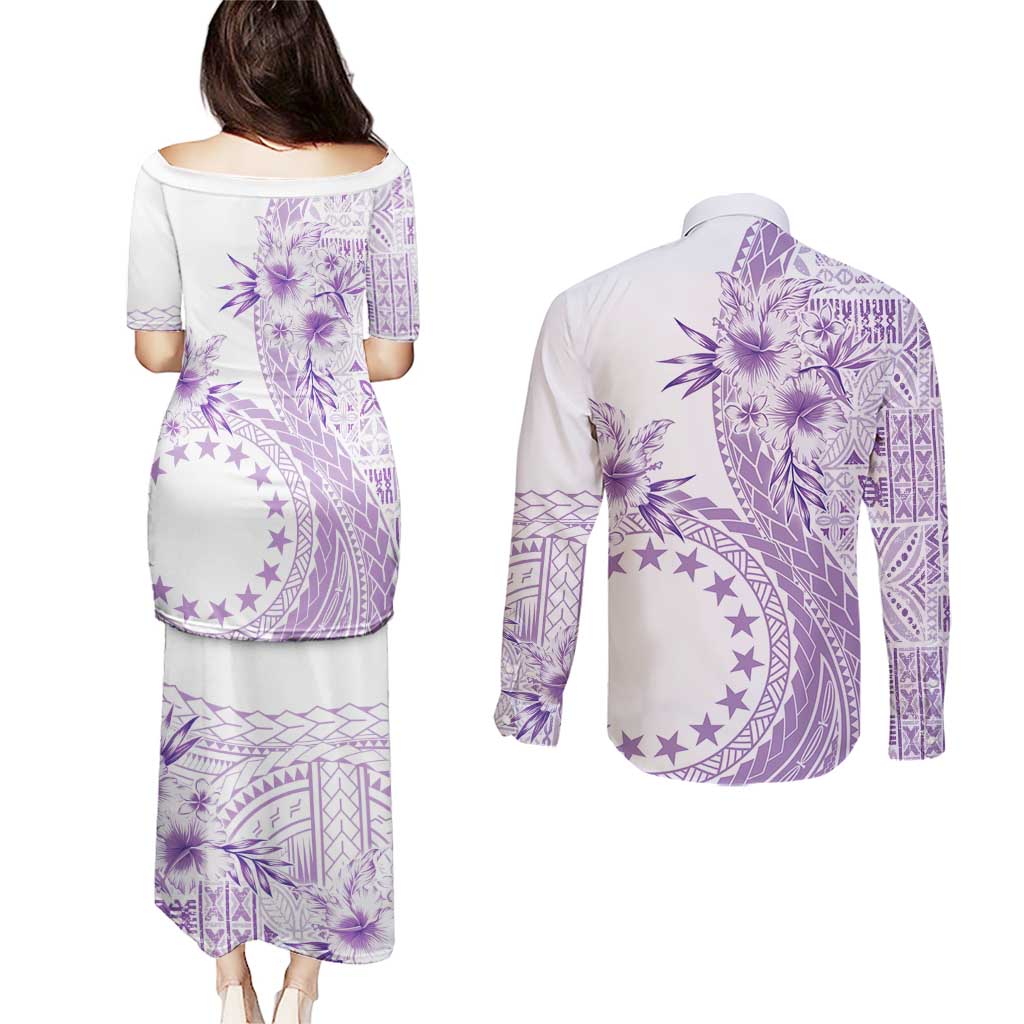 Kia Orana Cook Islands Couples Matching Puletasi and Long Sleeve Button Shirt Tiare and Stars - Lavender