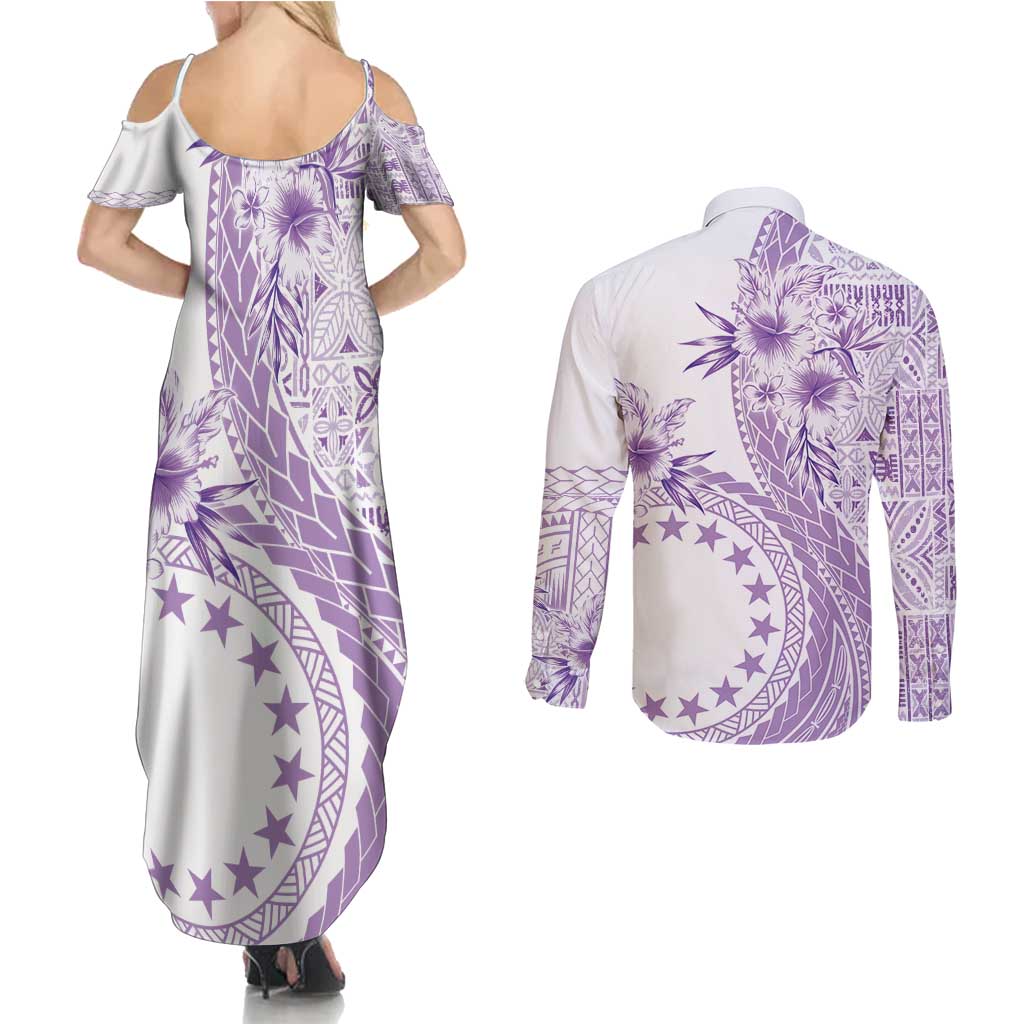 Kia Orana Cook Islands Couples Matching Summer Maxi Dress and Long Sleeve Button Shirt Tiare and Stars - Lavender
