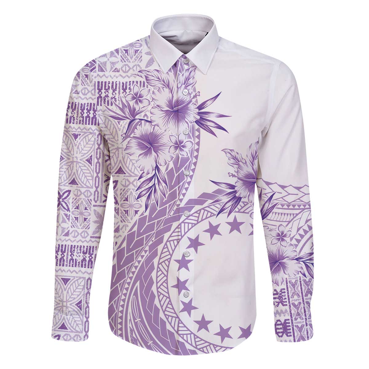 Kia Orana Cook Islands Family Matching Off The Shoulder Long Sleeve Dress and Hawaiian Shirt Tiare and Stars - Lavender