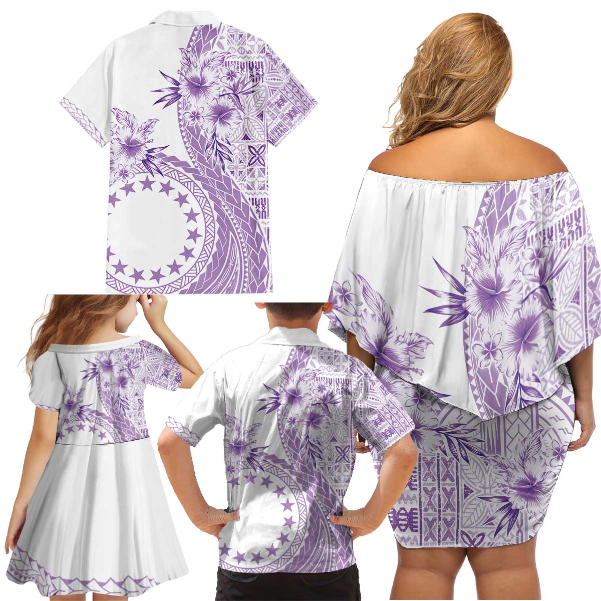 Kia Orana Cook Islands Family Matching Off Shoulder Short Dress and Hawaiian Shirt Tiare and Stars - Lavender