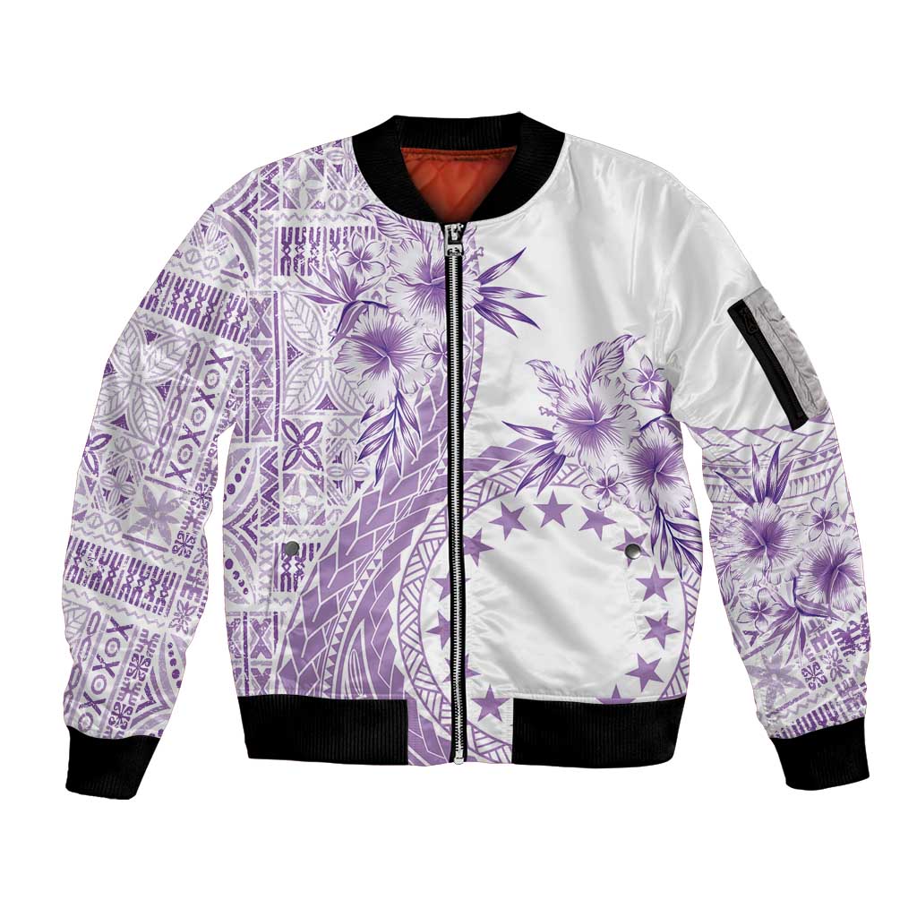 Kia Orana Cook Islands Sleeve Zip Bomber Jacket Tiare and Stars - Lavender