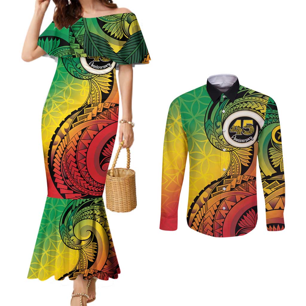 Vanuatu 45th Independence Anniversary Couples Matching Mermaid Dress and Long Sleeve Button Shirt Ni-Van Sandroing - Polynesian Pride