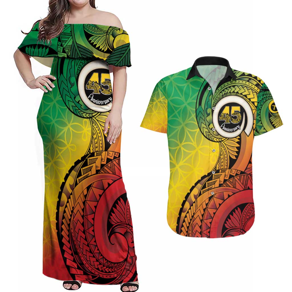 Vanuatu 45th Independence Anniversary Couples Matching Off Shoulder Maxi Dress and Hawaiian Shirt Ni-Van Sandroing LT7 Colorful - Polynesian Pride