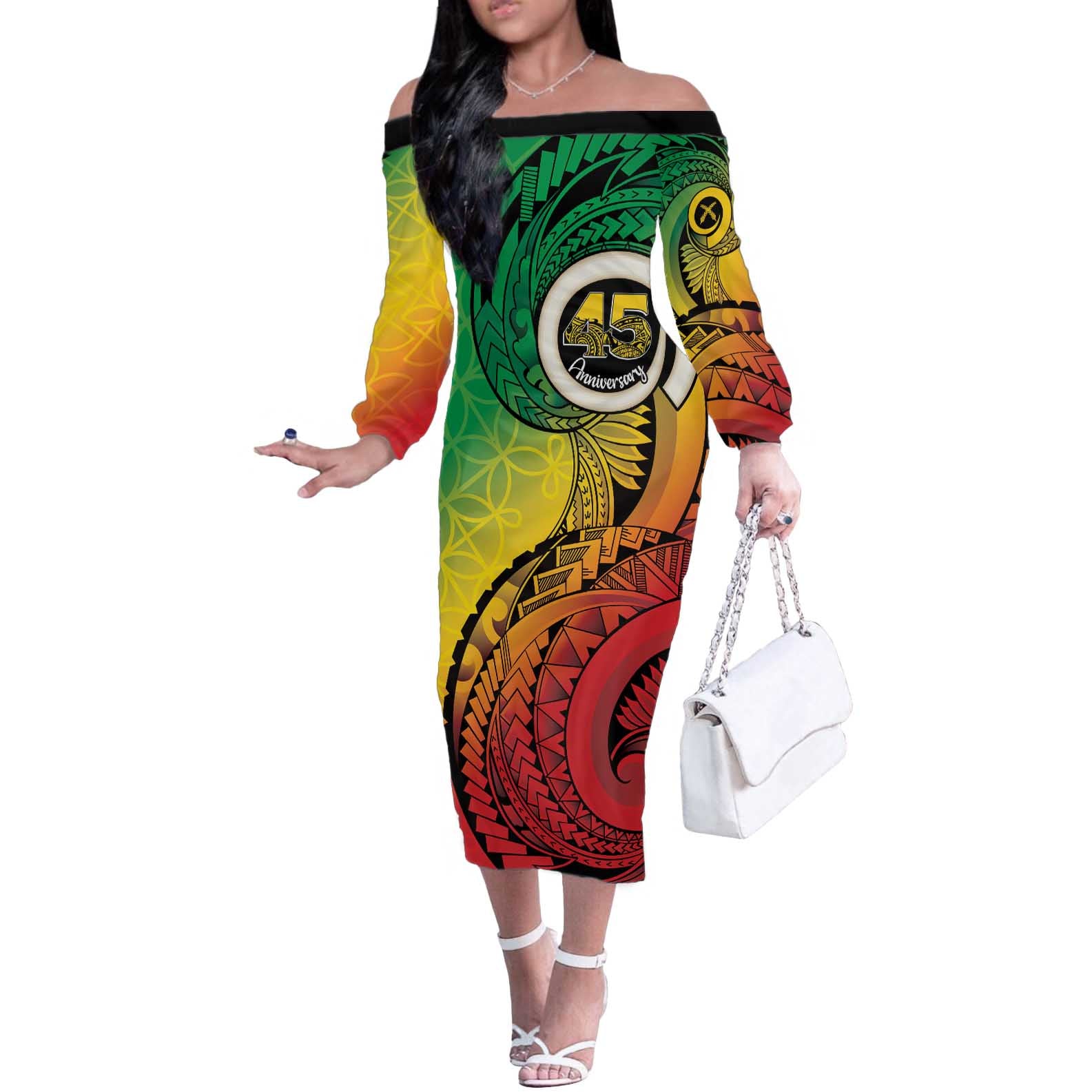 Vanuatu 45th Independence Anniversary Off The Shoulder Long Sleeve Dress Ni-Van Sandroing - Polynesian Pride