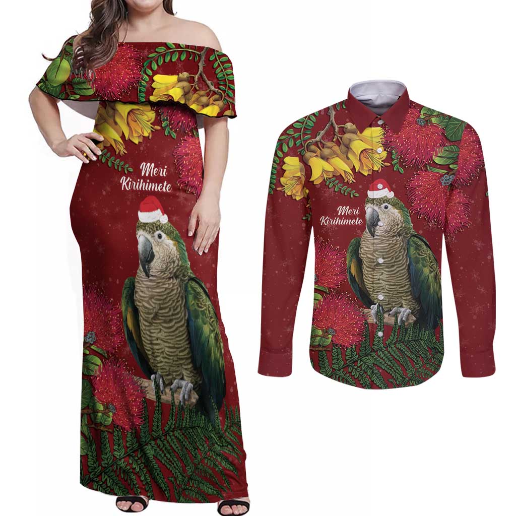 Kakapo Bird New Zealand Couples Matching Off Shoulder Maxi Dress and Long Sleeve Button Shirt Floral Christmas LT7 Red - Polynesian Pride