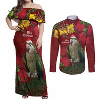 Kakapo Bird New Zealand Couples Matching Off Shoulder Maxi Dress and Long Sleeve Button Shirt Floral Christmas LT7 Red - Polynesian Pride