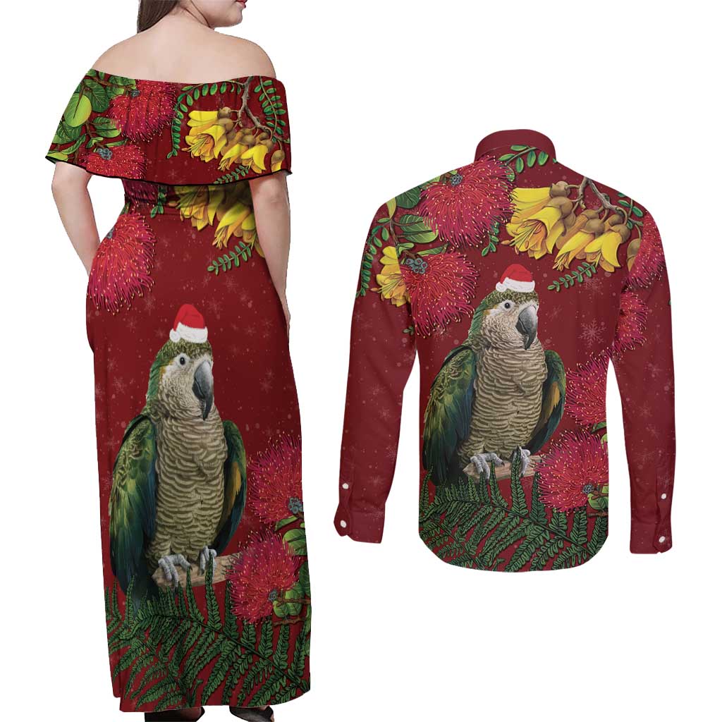 Kakapo Bird New Zealand Couples Matching Off Shoulder Maxi Dress and Long Sleeve Button Shirt Floral Christmas LT7 - Polynesian Pride