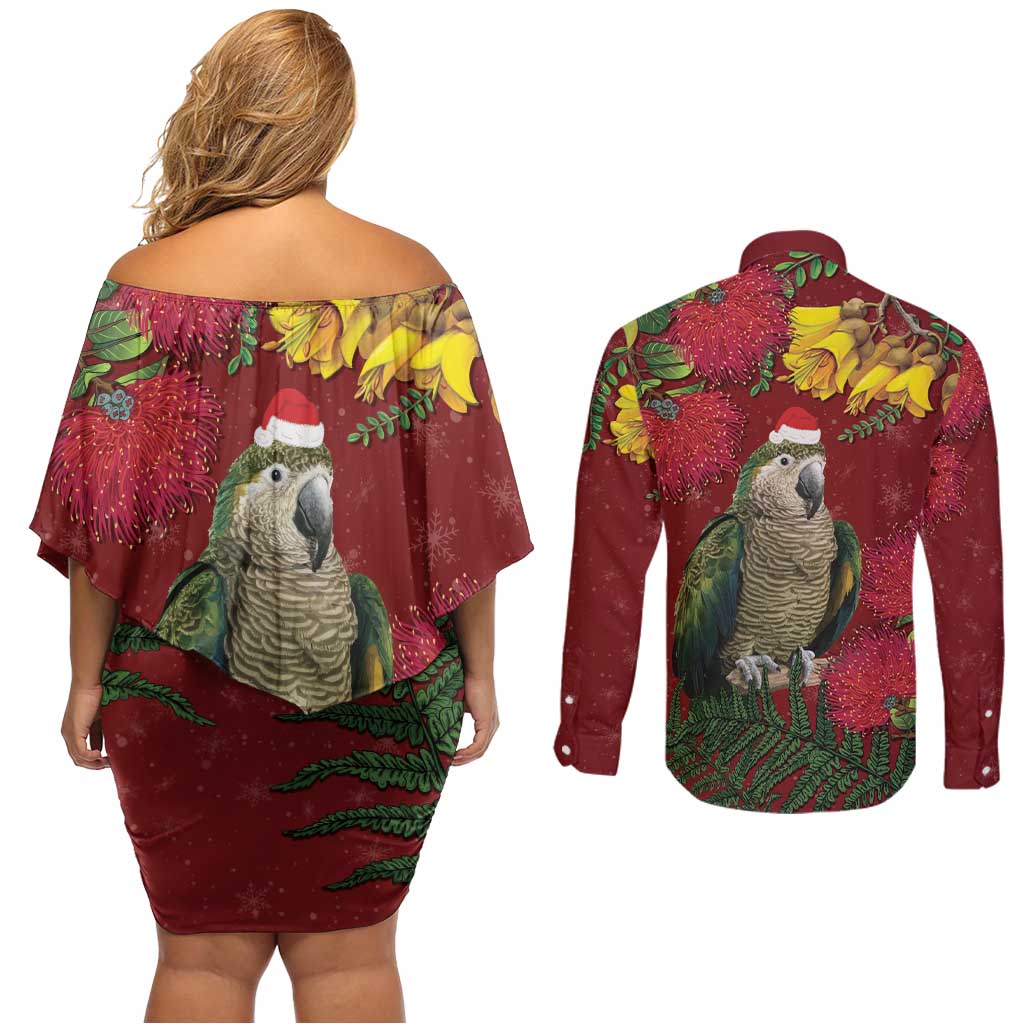 Kakapo Bird New Zealand Couples Matching Off Shoulder Short Dress and Long Sleeve Button Shirt Floral Christmas LT7 - Polynesian Pride