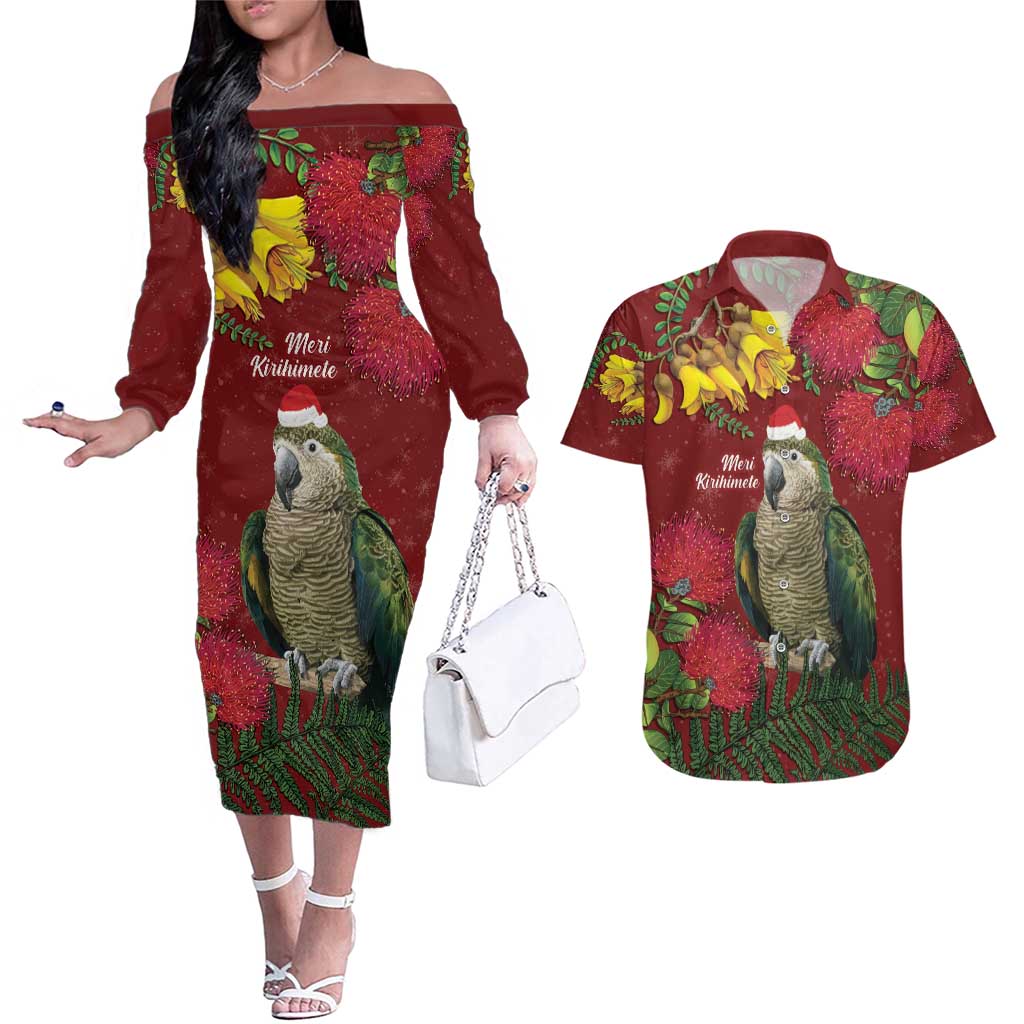 Kakapo Bird New Zealand Couples Matching Off The Shoulder Long Sleeve Dress and Hawaiian Shirt Floral Christmas