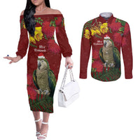 Kakapo Bird New Zealand Couples Matching Off The Shoulder Long Sleeve Dress and Long Sleeve Button Shirt Floral Christmas LT7 Red - Polynesian Pride