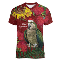 Kakapo Bird New Zealand Women V-Neck T-Shirt Floral Christmas LT7 Female Red - Polynesian Pride
