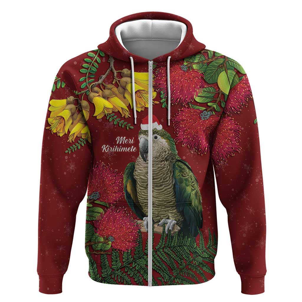 Kakapo Bird New Zealand Zip Hoodie Floral Christmas LT7 Zip Hoodie Red - Polynesian Pride