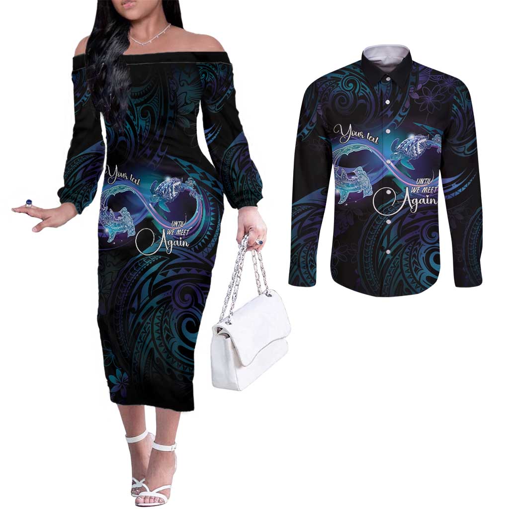 Polynesian Personalized Memorial Couples Matching Off The Shoulder Long Sleeve Dress and Long Sleeve Button Shirt Oceanic Infinity Symbol - Until We Meet Again - Polynesian Pride