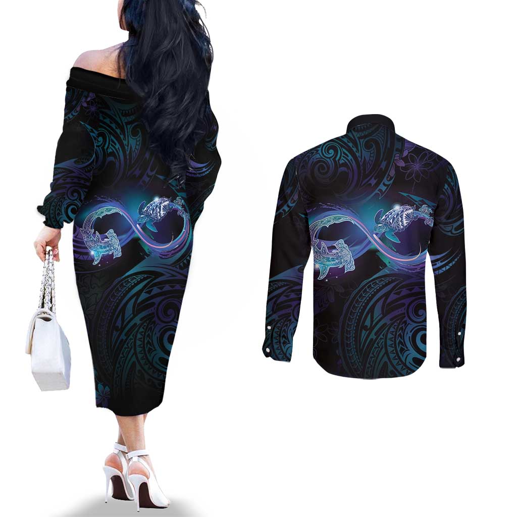 Polynesian Personalized Memorial Couples Matching Off The Shoulder Long Sleeve Dress and Long Sleeve Button Shirt Oceanic Infinity Symbol - Until We Meet Again - Polynesian Pride