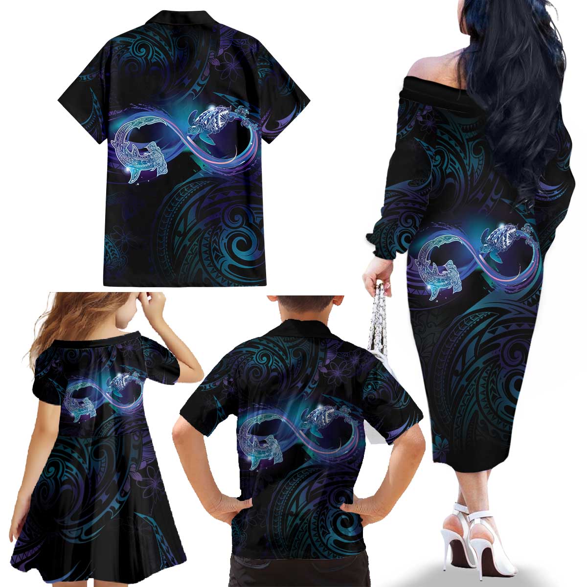Polynesian Personalized Memorial Family Matching Off The Shoulder Long Sleeve Dress and Hawaiian Shirt Oceanic Infinity Symbol - Until We Meet Again - Polynesian Pride