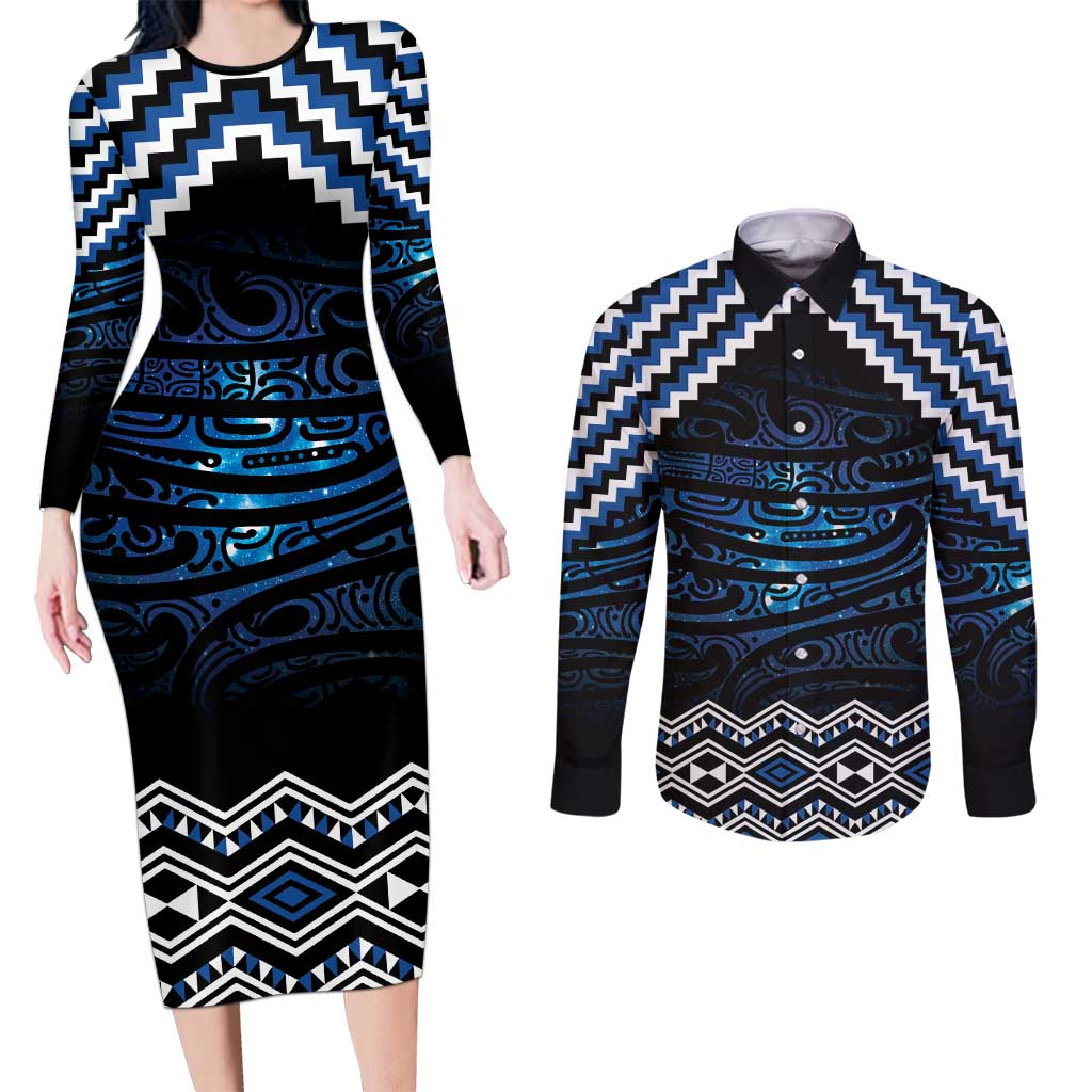 New Zealand Matariki Couples Matching Long Sleeve Bodycon Dress and Long Sleeve Button Shirt Galaxy Styled Taniko