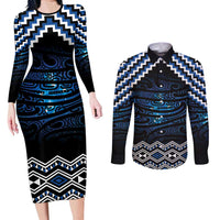 New Zealand Matariki Couples Matching Long Sleeve Bodycon Dress and Long Sleeve Button Shirt Galaxy Styled Taniko