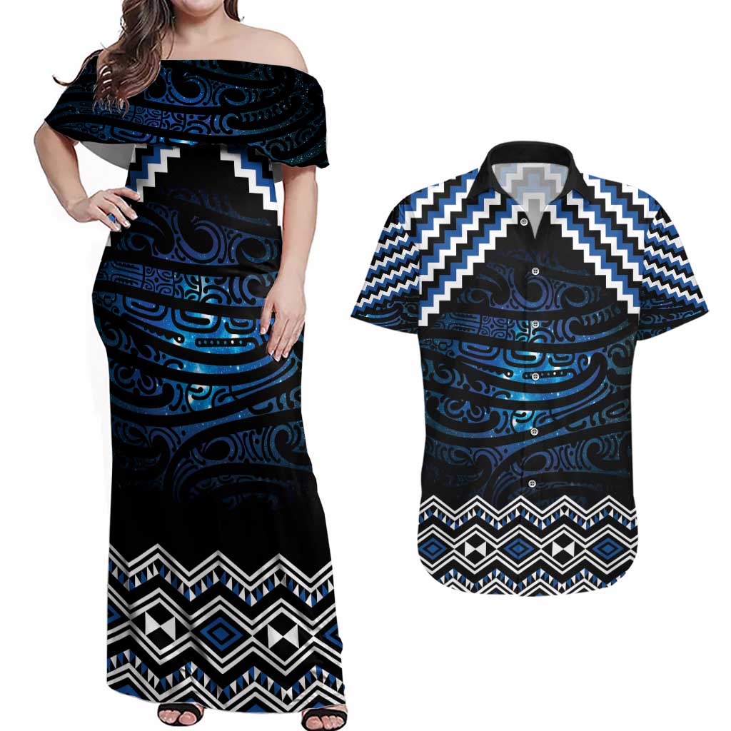 New Zealand Matariki Couples Matching Off Shoulder Maxi Dress and Hawaiian Shirt Galaxy Styled Taniko