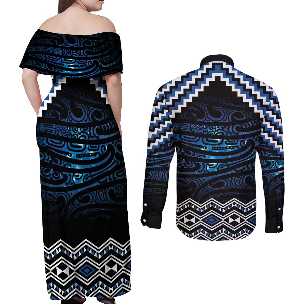 New Zealand Matariki Couples Matching Off Shoulder Maxi Dress and Long Sleeve Button Shirt Galaxy Styled Taniko