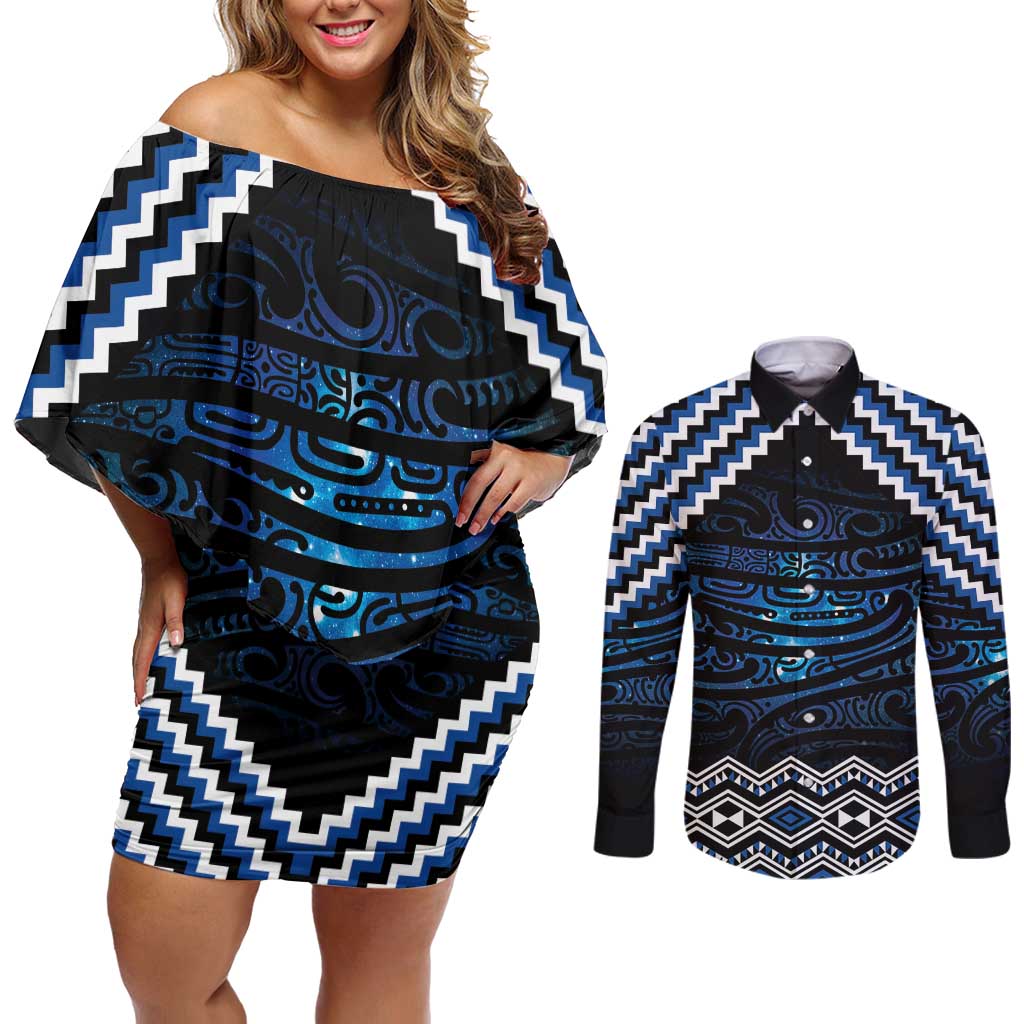 New Zealand Matariki Couples Matching Off Shoulder Short Dress and Long Sleeve Button Shirt Galaxy Styled Taniko