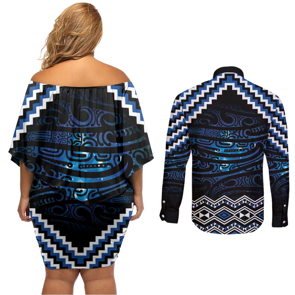 New Zealand Matariki Couples Matching Off Shoulder Short Dress and Long Sleeve Button Shirt Galaxy Styled Taniko