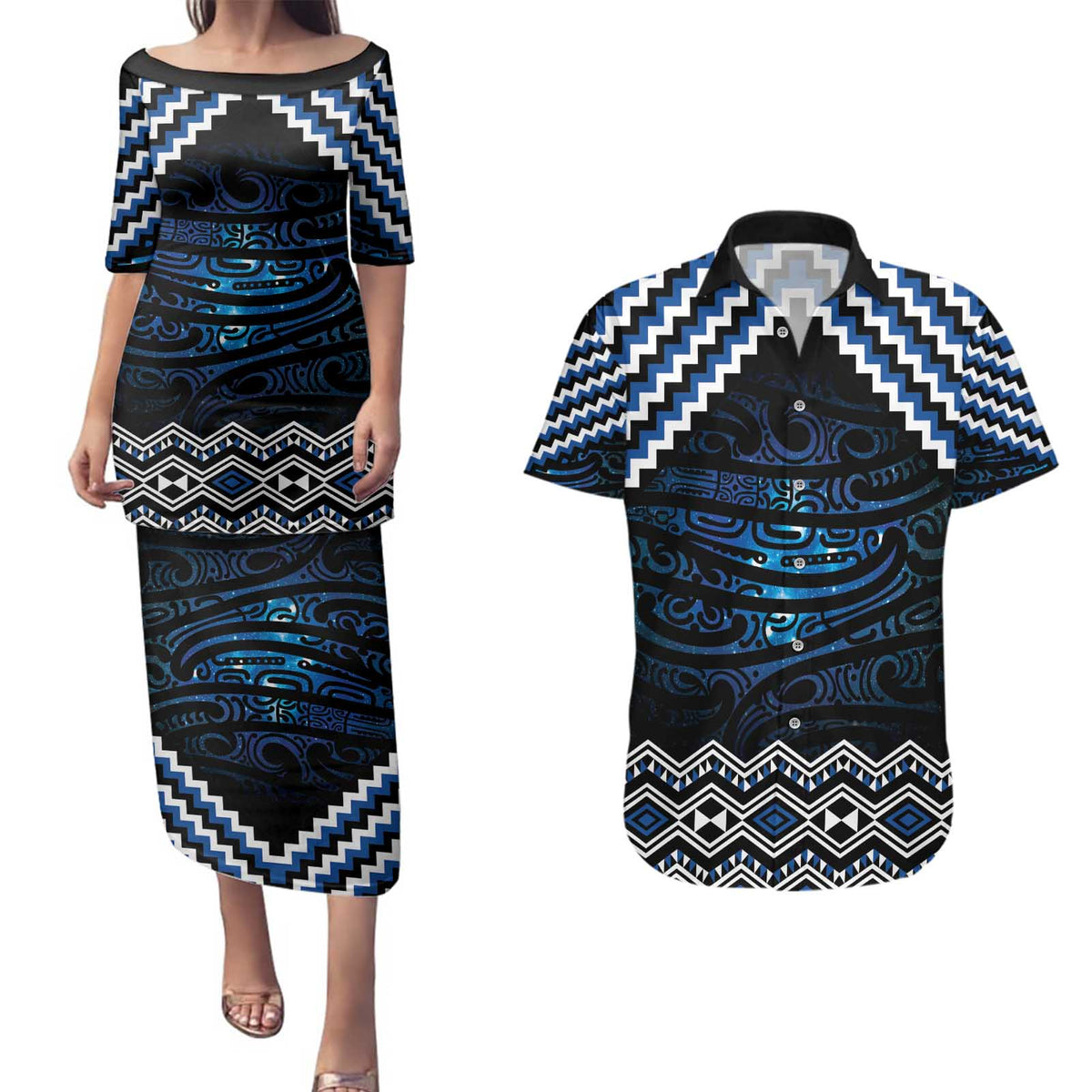New Zealand Matariki Couples Matching Puletasi and Hawaiian Shirt Galaxy Styled Taniko