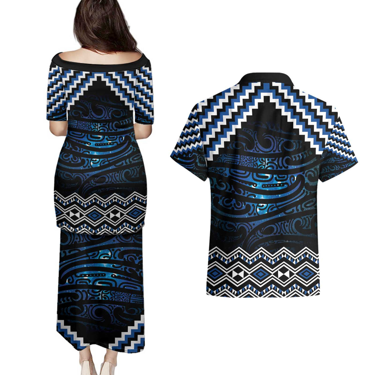 New Zealand Matariki Couples Matching Puletasi and Hawaiian Shirt Galaxy Styled Taniko