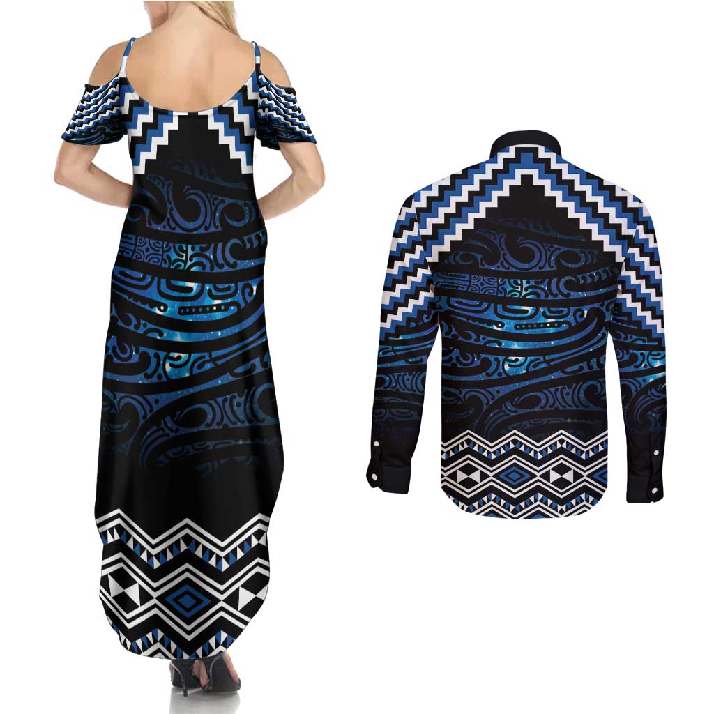 New Zealand Matariki Couples Matching Summer Maxi Dress and Long Sleeve Button Shirt Galaxy Styled Taniko