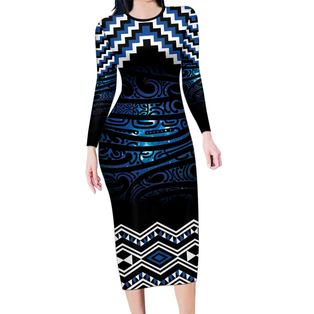 New Zealand Matariki Family Matching Long Sleeve Bodycon Dress and Hawaiian Shirt Galaxy Styled Taniko