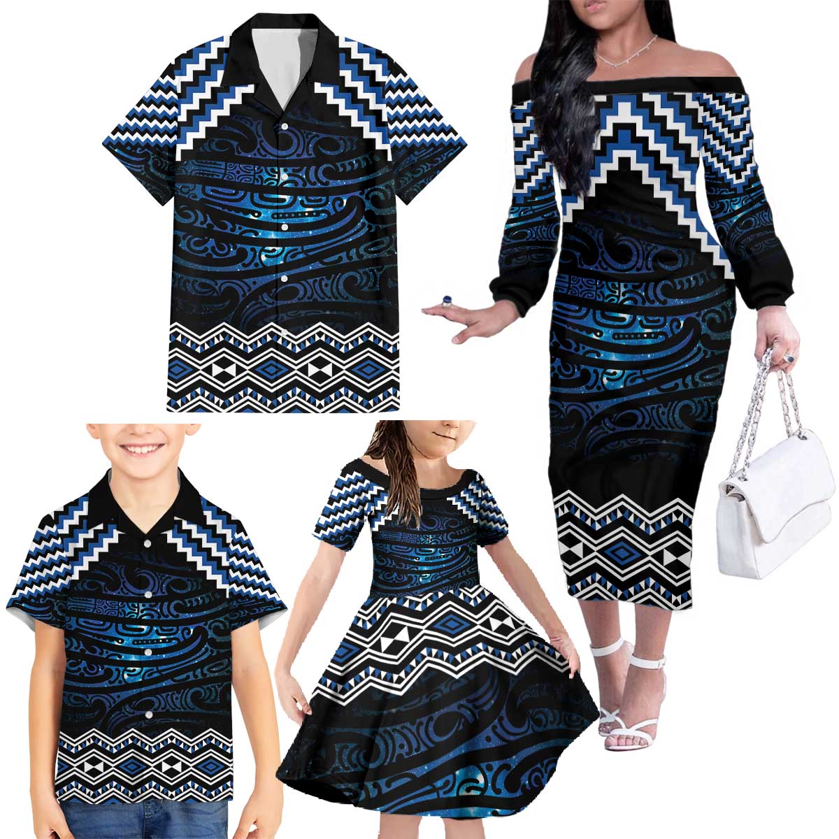 New Zealand Matariki Family Matching Off The Shoulder Long Sleeve Dress and Hawaiian Shirt Galaxy Styled Taniko