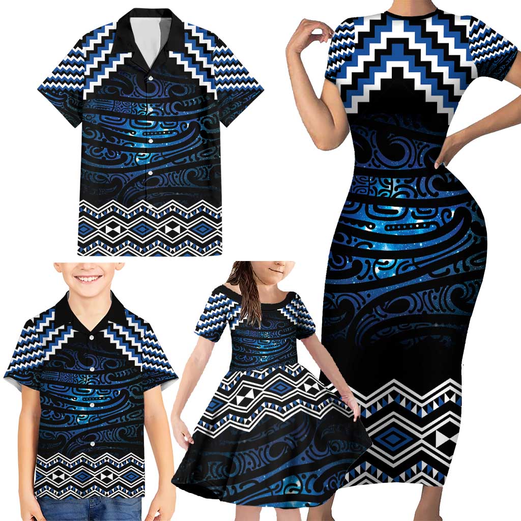 New Zealand Matariki Family Matching Short Sleeve Bodycon Dress and Hawaiian Shirt Galaxy Styled Taniko