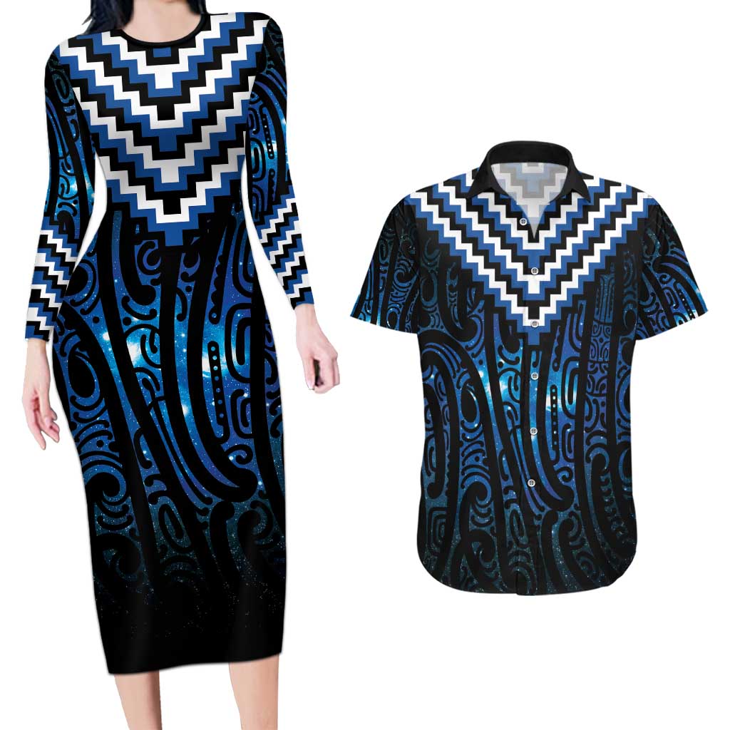 New Zealand Matariki Couples Matching Long Sleeve Bodycon Dress and Hawaiian Shirt Galaxy Poutama Motifs