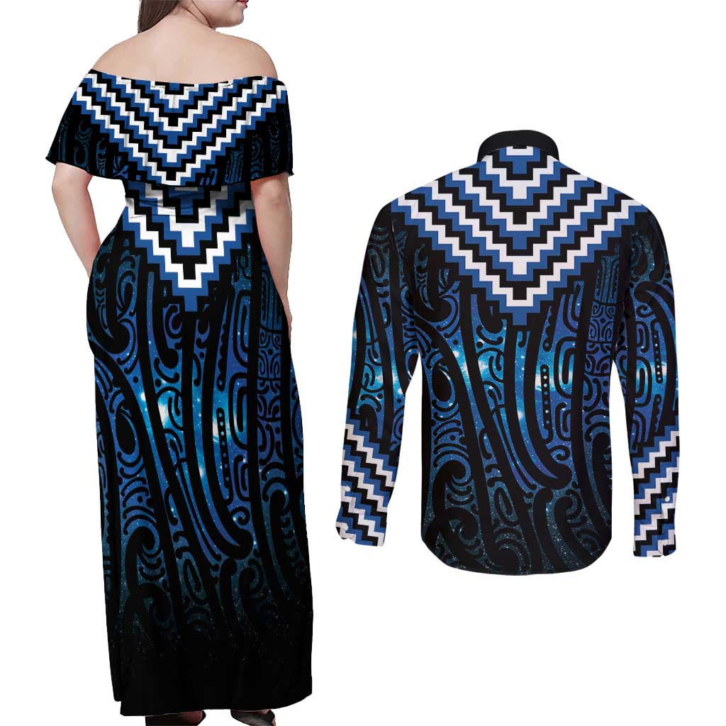 New Zealand Matariki Couples Matching Off Shoulder Maxi Dress and Long Sleeve Button Shirt Galaxy Poutama Motifs
