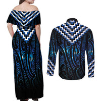 New Zealand Matariki Couples Matching Off Shoulder Maxi Dress and Long Sleeve Button Shirt Galaxy Poutama Motifs