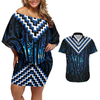 New Zealand Matariki Couples Matching Off Shoulder Short Dress and Hawaiian Shirt Galaxy Poutama Motifs