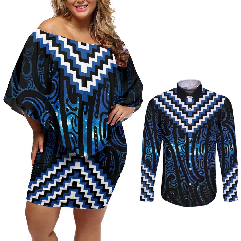 New Zealand Matariki Couples Matching Off Shoulder Short Dress and Long Sleeve Button Shirt Galaxy Poutama Motifs