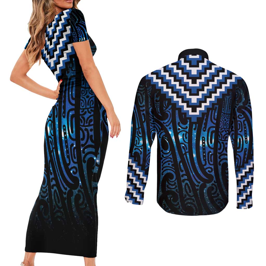 New Zealand Matariki Couples Matching Short Sleeve Bodycon Dress and Long Sleeve Button Shirt Galaxy Poutama Motifs