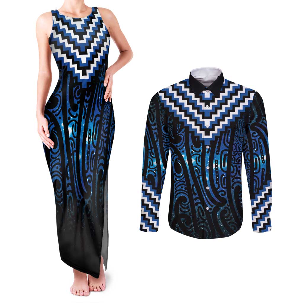 New Zealand Matariki Couples Matching Tank Maxi Dress and Long Sleeve Button Shirt Galaxy Poutama Motifs