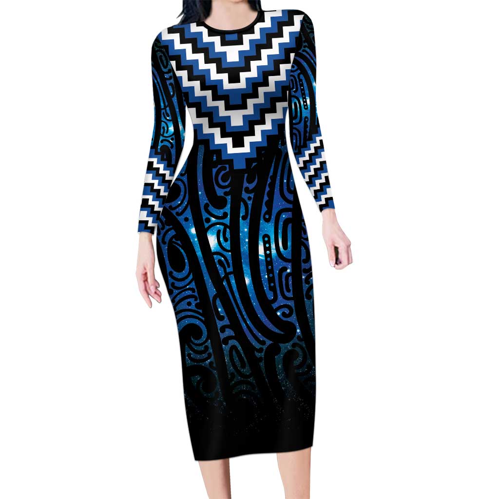 New Zealand Matariki Family Matching Long Sleeve Bodycon Dress and Hawaiian Shirt Galaxy Poutama Motifs