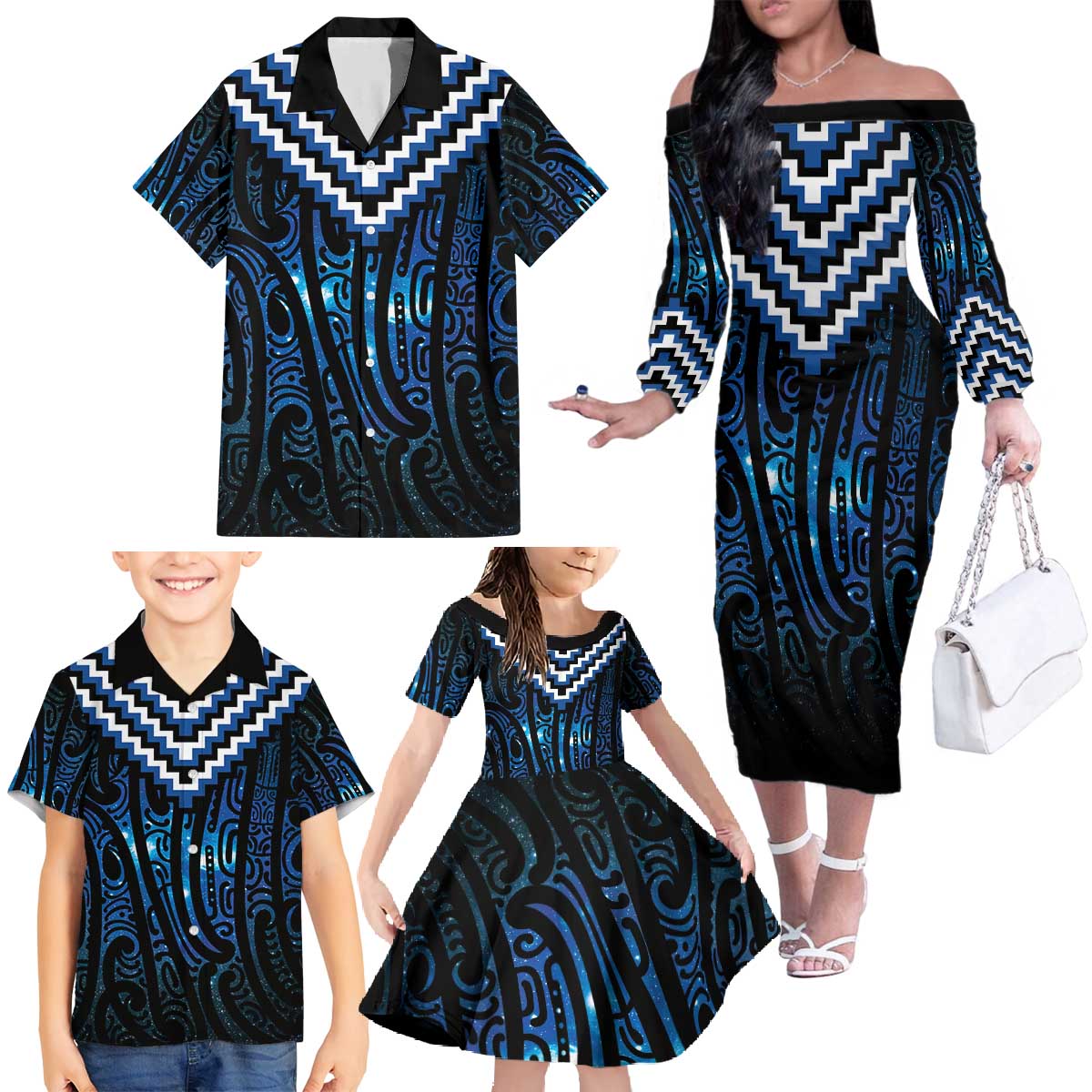 New Zealand Matariki Family Matching Off The Shoulder Long Sleeve Dress and Hawaiian Shirt Galaxy Poutama Motifs