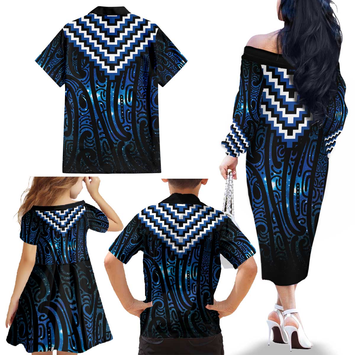 New Zealand Matariki Family Matching Off The Shoulder Long Sleeve Dress and Hawaiian Shirt Galaxy Poutama Motifs