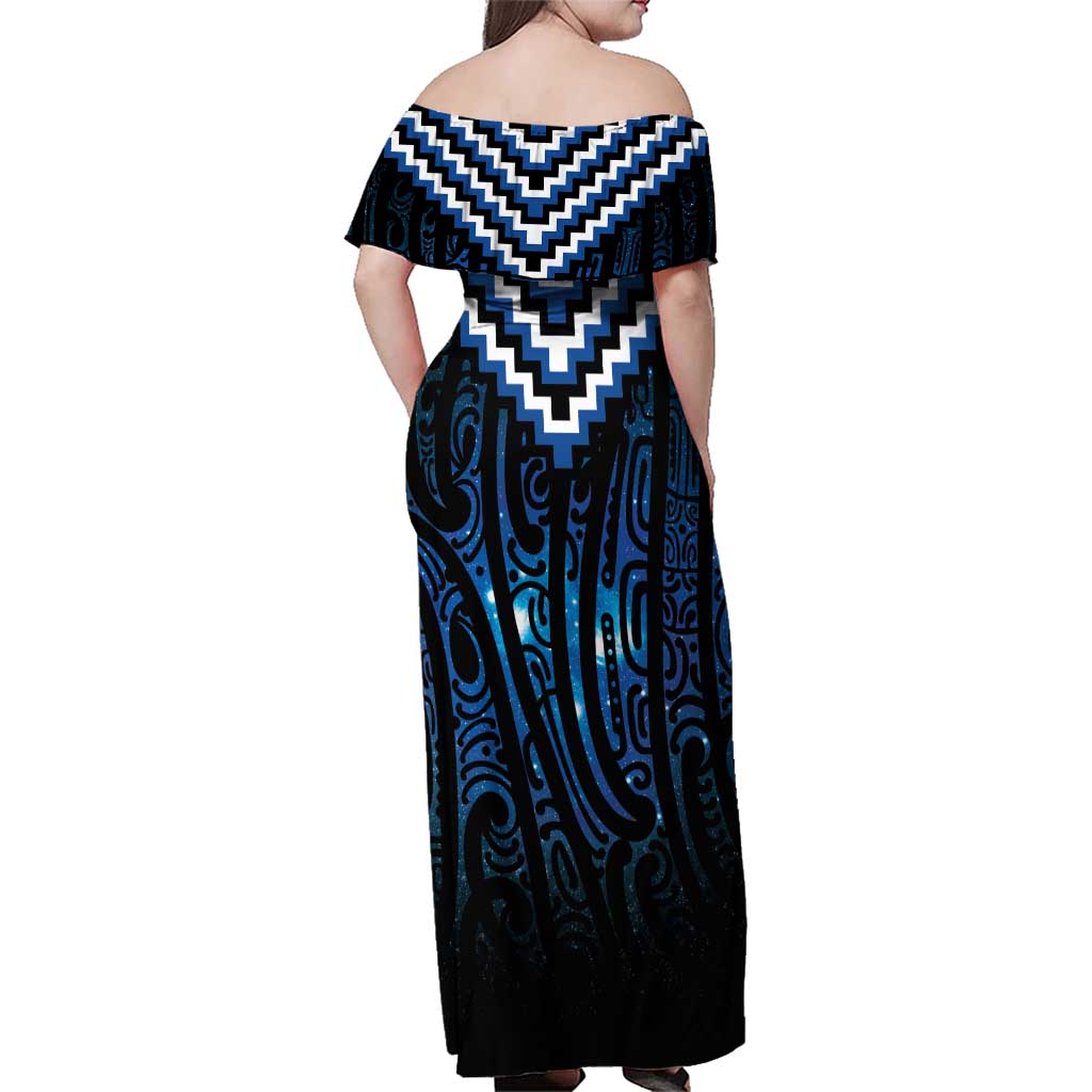 New Zealand Matariki Family Matching Off Shoulder Maxi Dress and Hawaiian Shirt Galaxy Poutama Motifs